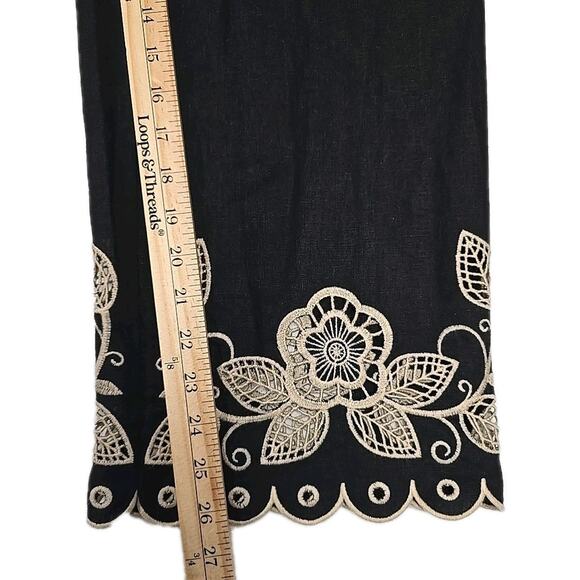 Rachel Zoe Womens Embroidered Linen Blend Pants Black XS Drawcord Belt Scallops - Picture 5 of 7